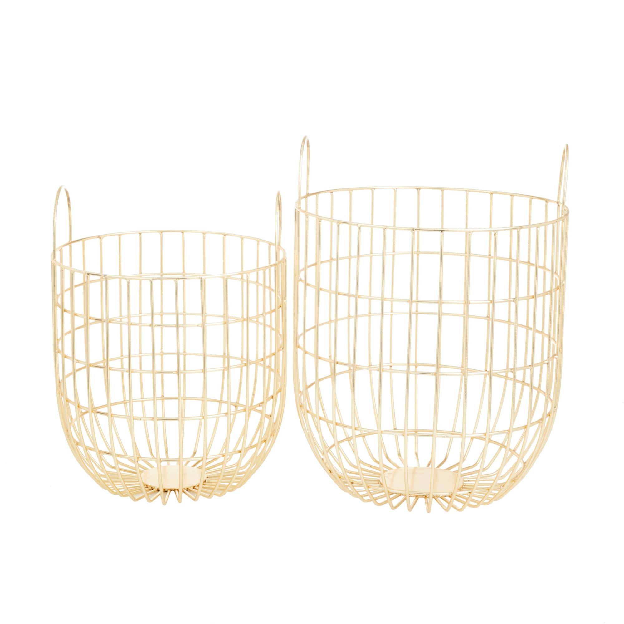 Set of 2 Gold Iron Contemporary Storage Baskets, 17" x 11" x 11"